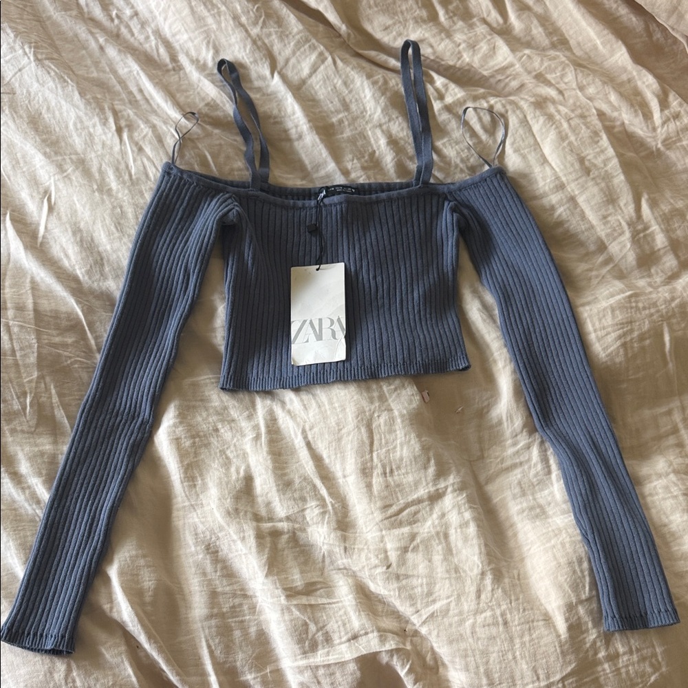 Zara Women's Blue Ribbed Off-Shoulder Crop Top
